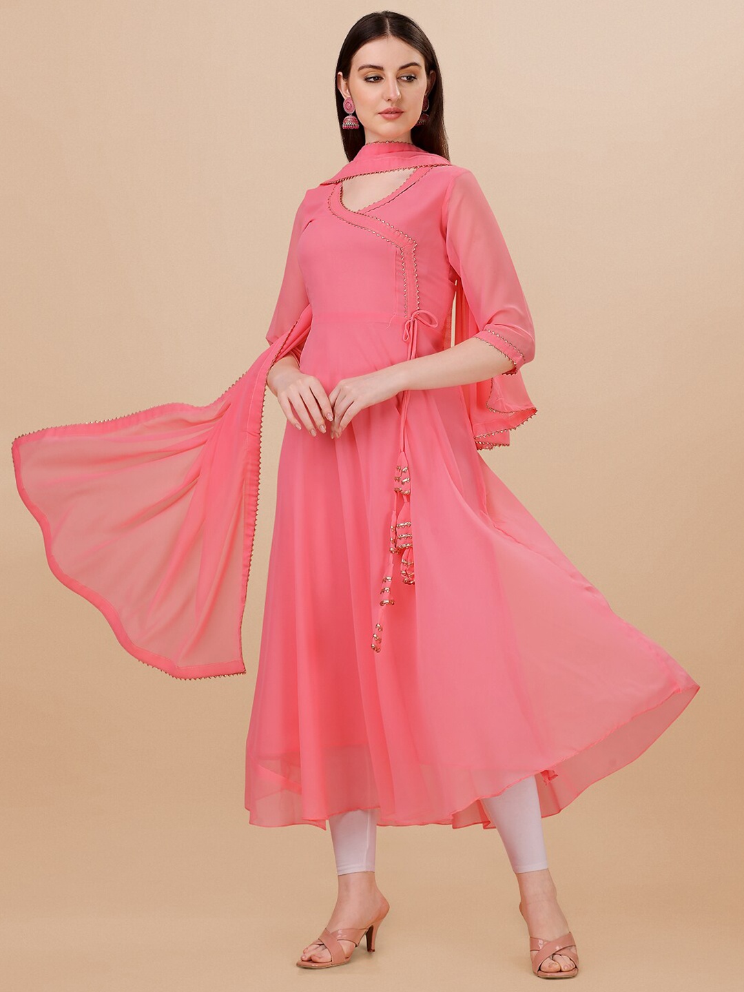 

PMD Fashion V-Neck Gotta Patti Anarkali Kurta with Dupatta, Pink