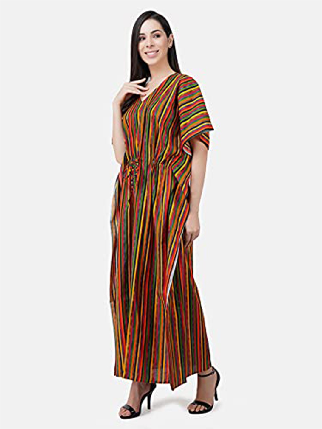 

KOI SLEEPWEAR Striped V Neck Kaftan Maxi Nightdress, Black