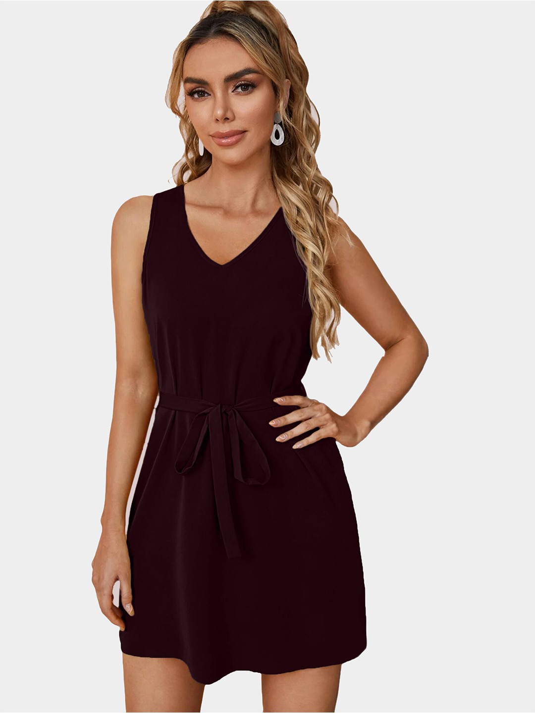 

Velmita Burgundy V-Neck Fit & Flare Mini Dress