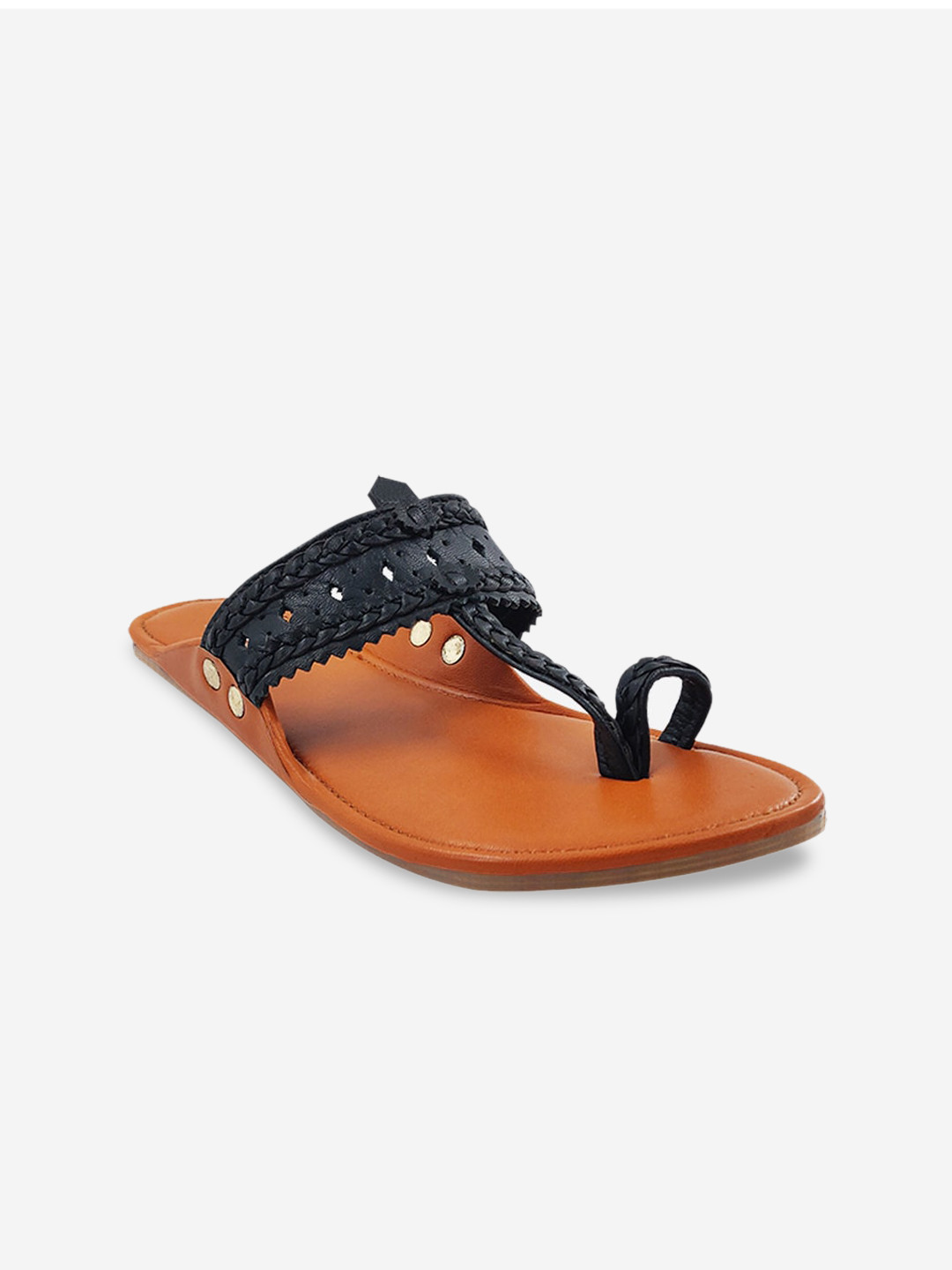 

THE MADRAS TRUNK Braided Laser Cuts Leather Ethnic Kolhapuri One Toe Flats, Black