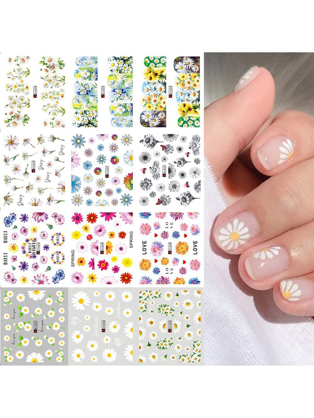 

S.A.V.I. 12 Sheets Colorful Daisy Flower Water Transfer DIY Nail Sticker, Multi