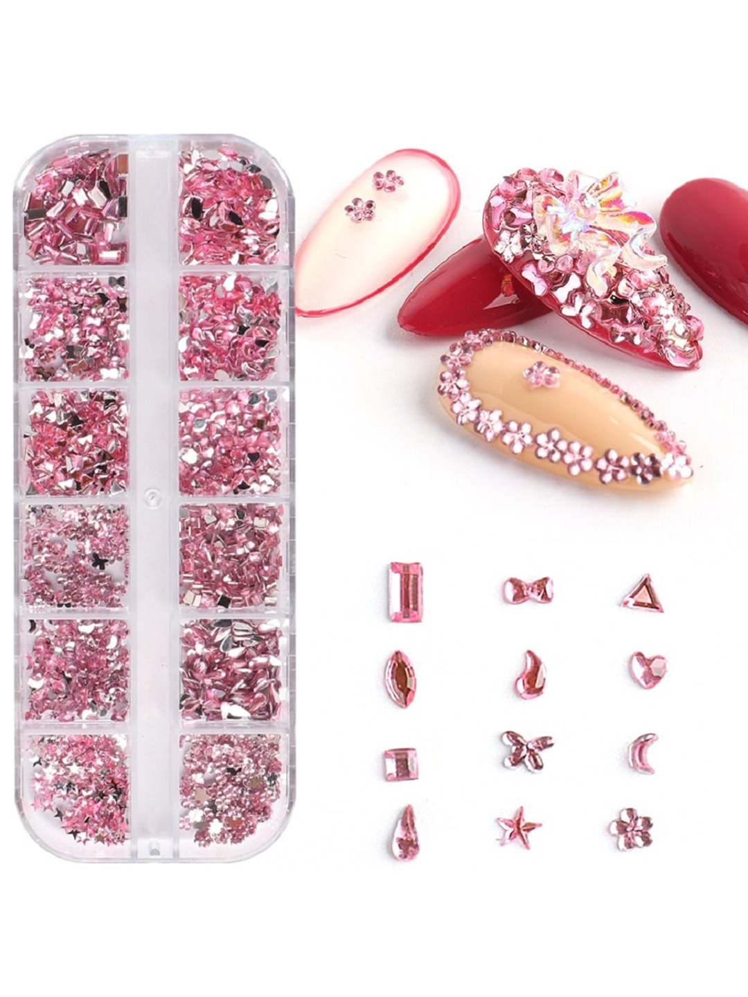 

S.A.V.I. 12 Grids Shapes Pink Crystal Stone Rhinestone Butterfly Star Moon Flower DIY Nail Art, Multi