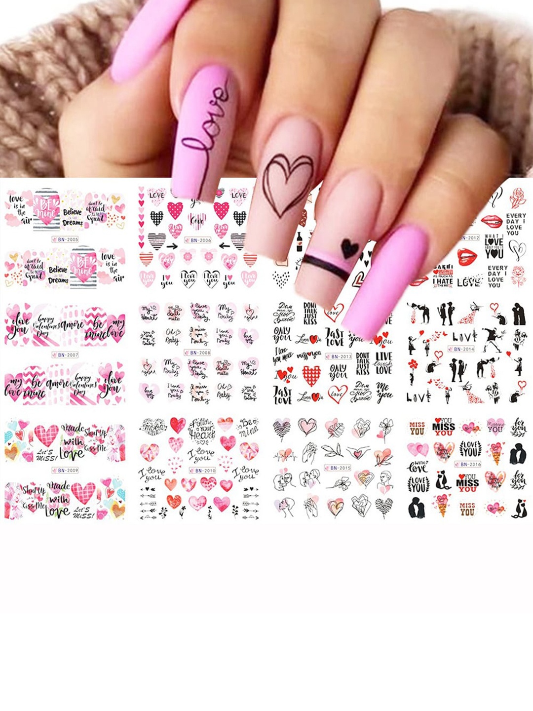 

S.A.V.I. 12 Sheets Love Heart Text Water Transfer DIY Nail Sticker, Multi