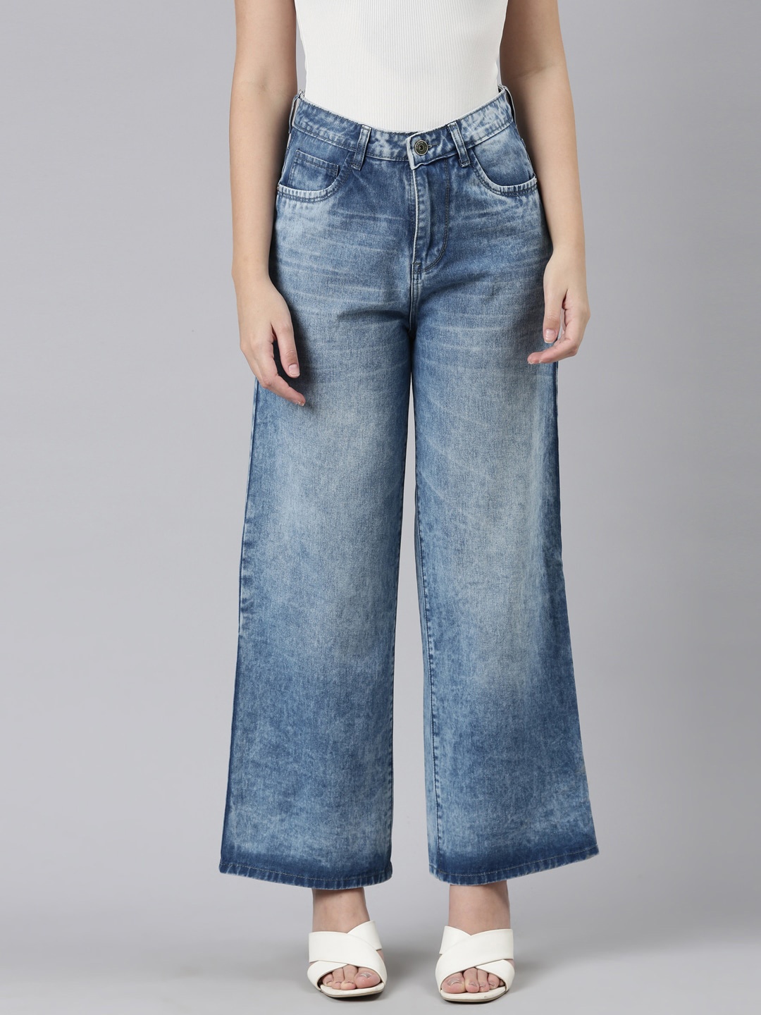 

ZHEIA Women Wide Leg High-Rise Heavy Fade Cotton Jeans, Blue