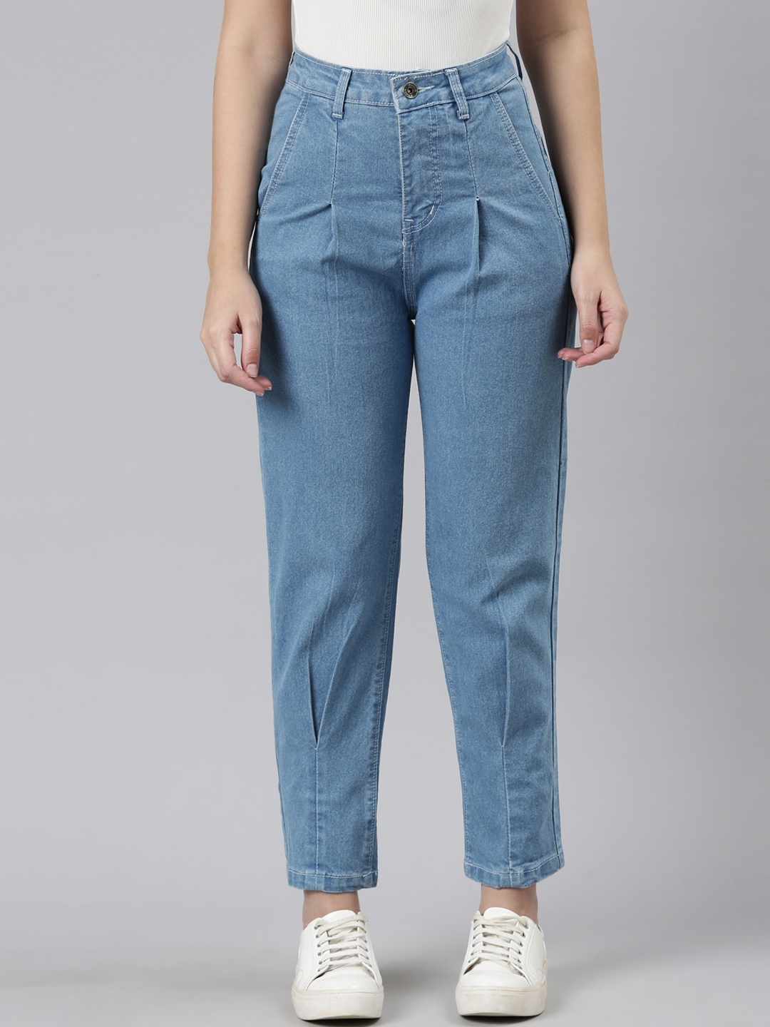 

ZHEIA Women Mom-Fit High-Rise Stretchable Cotton Jeans, Blue