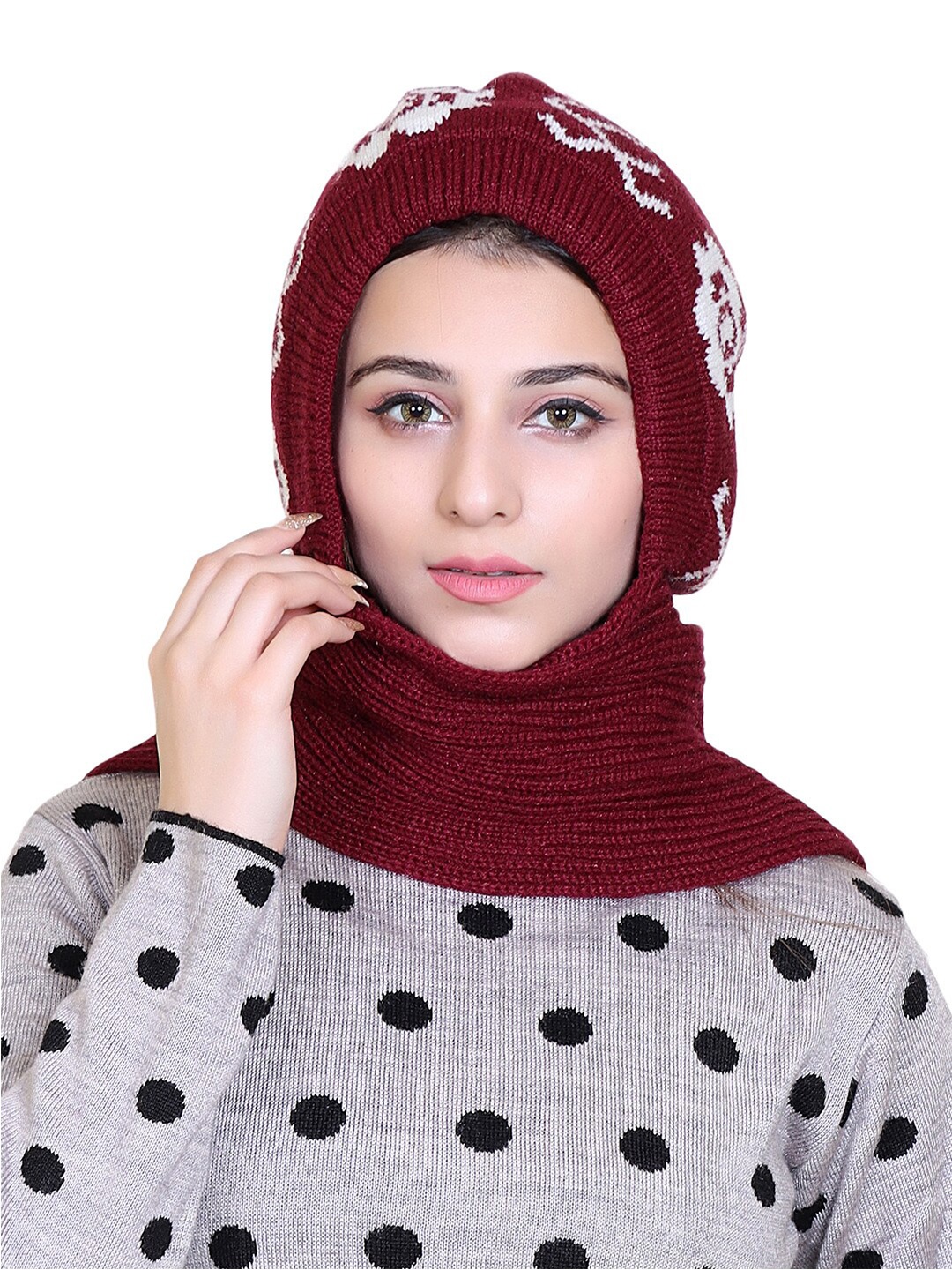 

Gajraj Self Design Woolen Beanie With Attached Muffler, Maroon