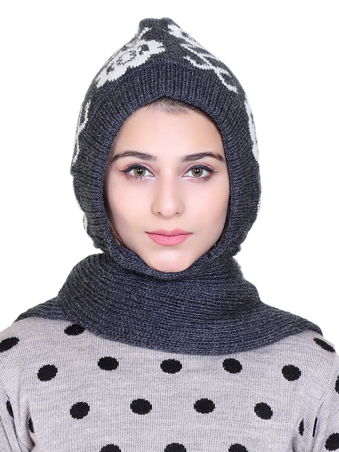 

Gajraj Self Design Woolen Beanie With Attached Muffler, Grey melange