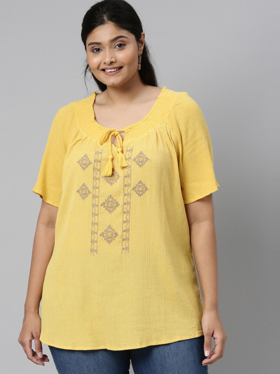 

The Pink Moon Embroidered Tie-Up Neck Longline Top, Yellow