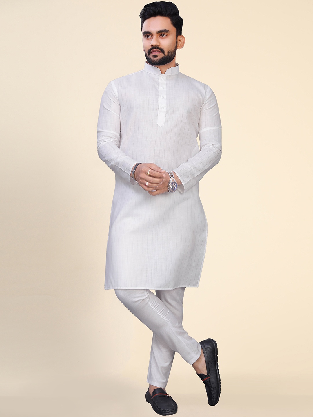 

Ekta Textiles Striped Jacquard Pure Cotton Kurta with Pyjamas, White