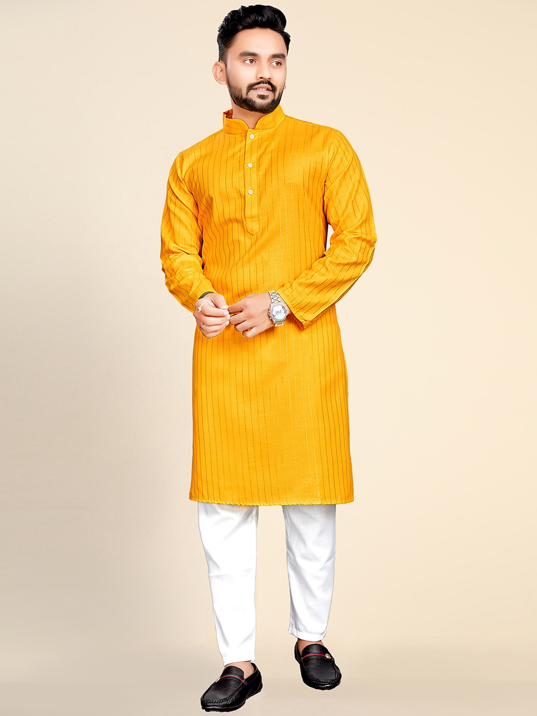 

Ekta Textiles Striped Pure Cotton Kurta with Pyjamas, Yellow
