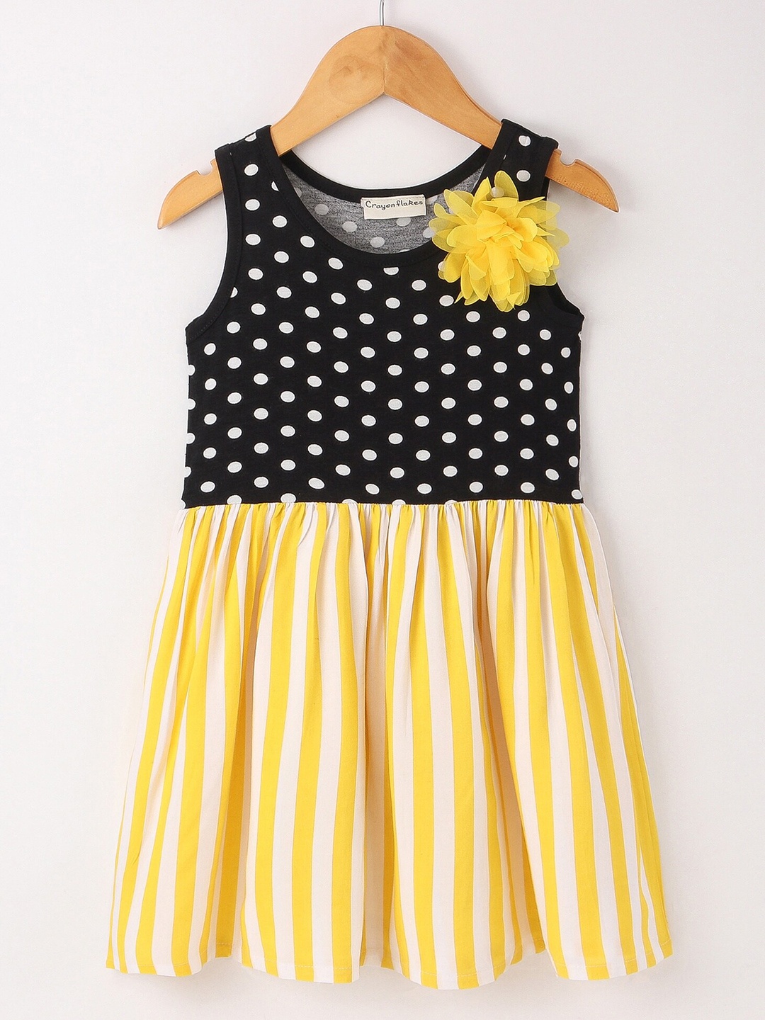 

CrayonFlakes Girls Round Neck Polka Dots And Striped Printed Fit & Flare Cotton Dress, Yellow