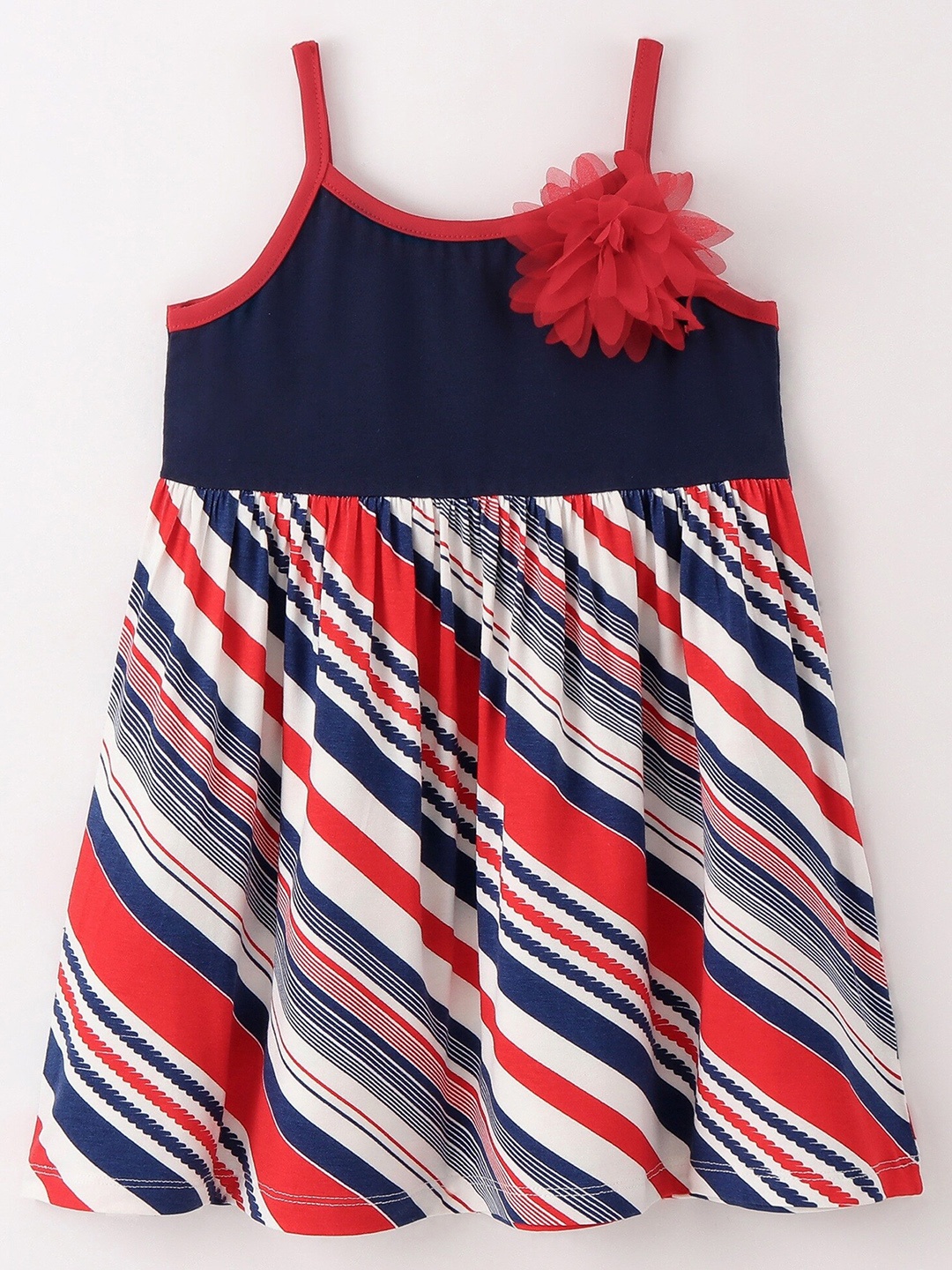 

CrayonFlakes Girls Shoulder Straps Striped Printed Fit & Flare Cotton Dress, Red