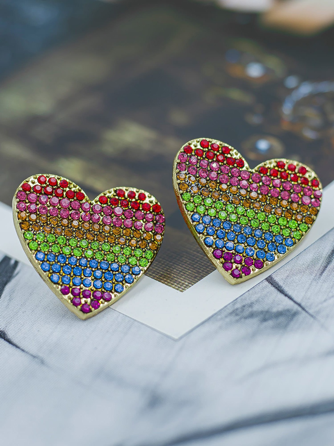 

Bellofox Stone Studded Heart Shaped Studs Earrings, Red