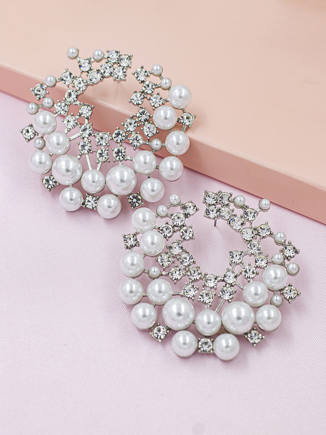 

Bellofox Silver-Plated Pearls and Stones Studded Contemporary Studs Earrings