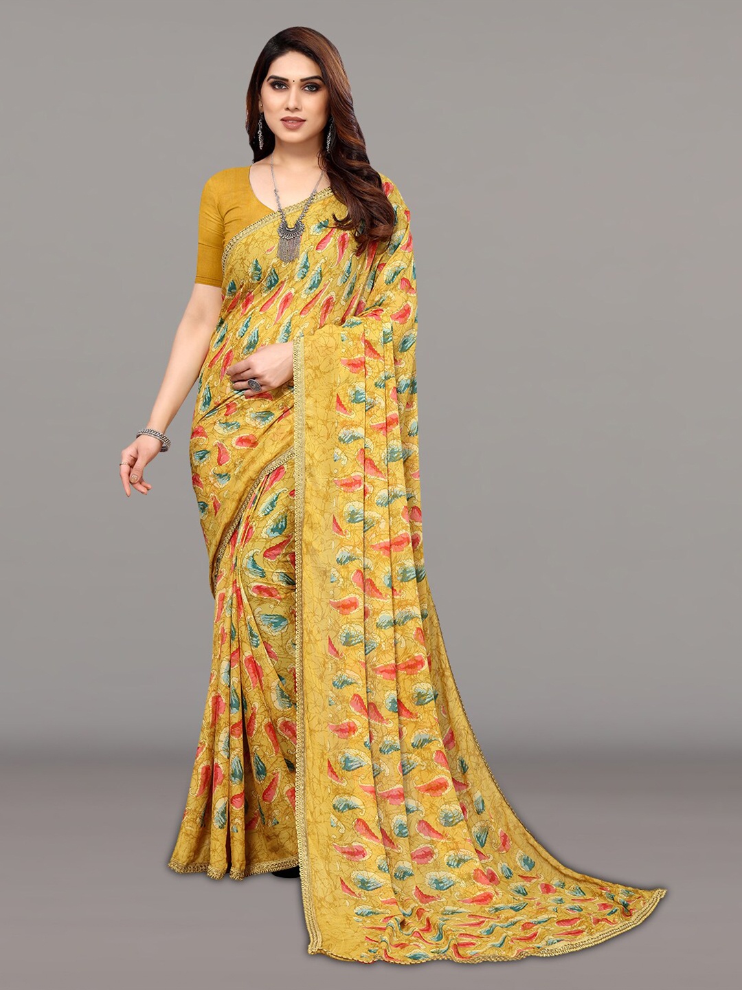 

KALINI Ethnic Motifs Printed Poly Georgette Saree, Mustard
