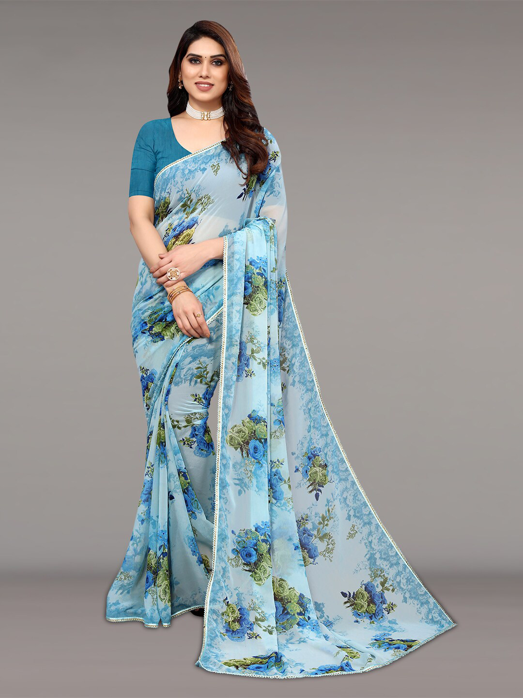 

KALINI Floral Printed Embellished Saree, Off white
