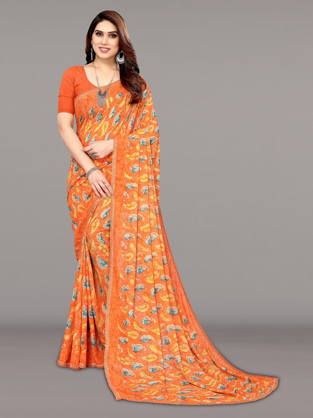

KALINI Paisley Printed Saree, Orange