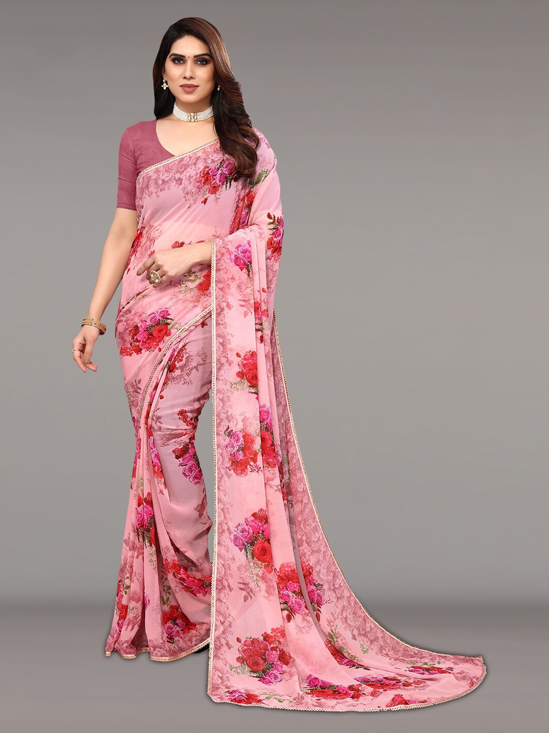 

KALINI Floral Poly Georgette Gotta Patti Saree, Pink