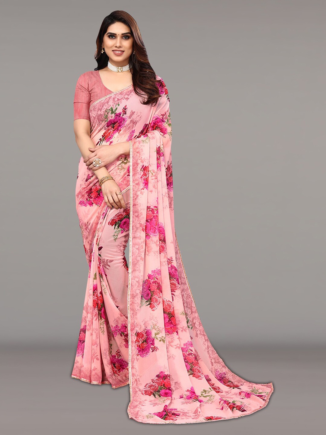 

KALINI Floral Printed Poly Georgette Saree, Peach