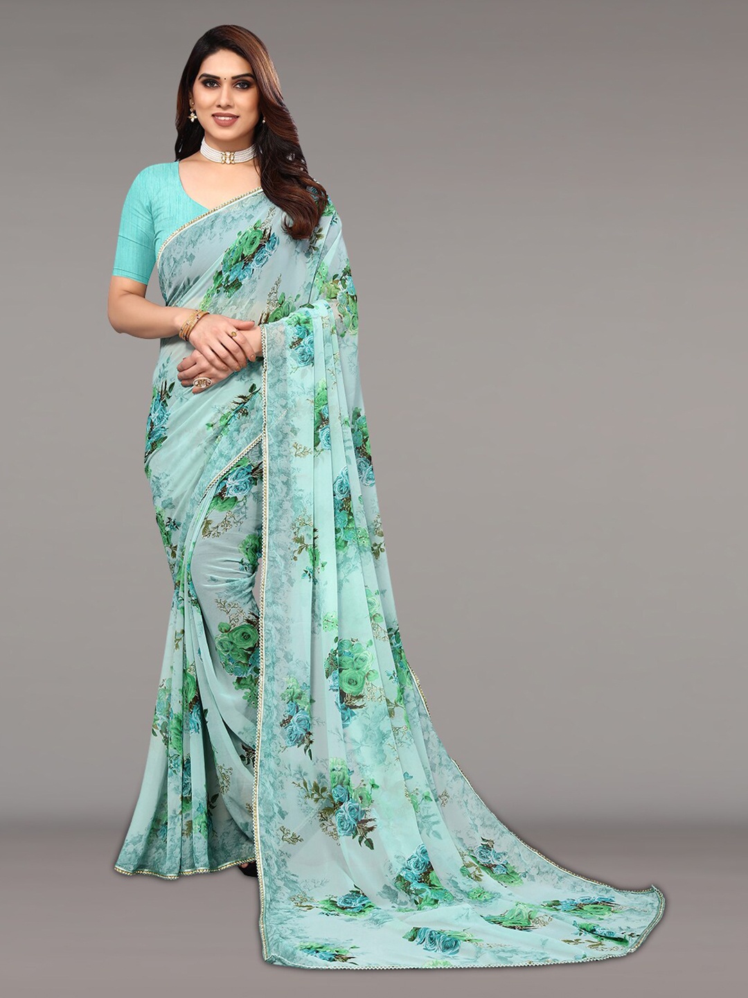 

KALINI Floral Printed Embellished Saree, Sea green