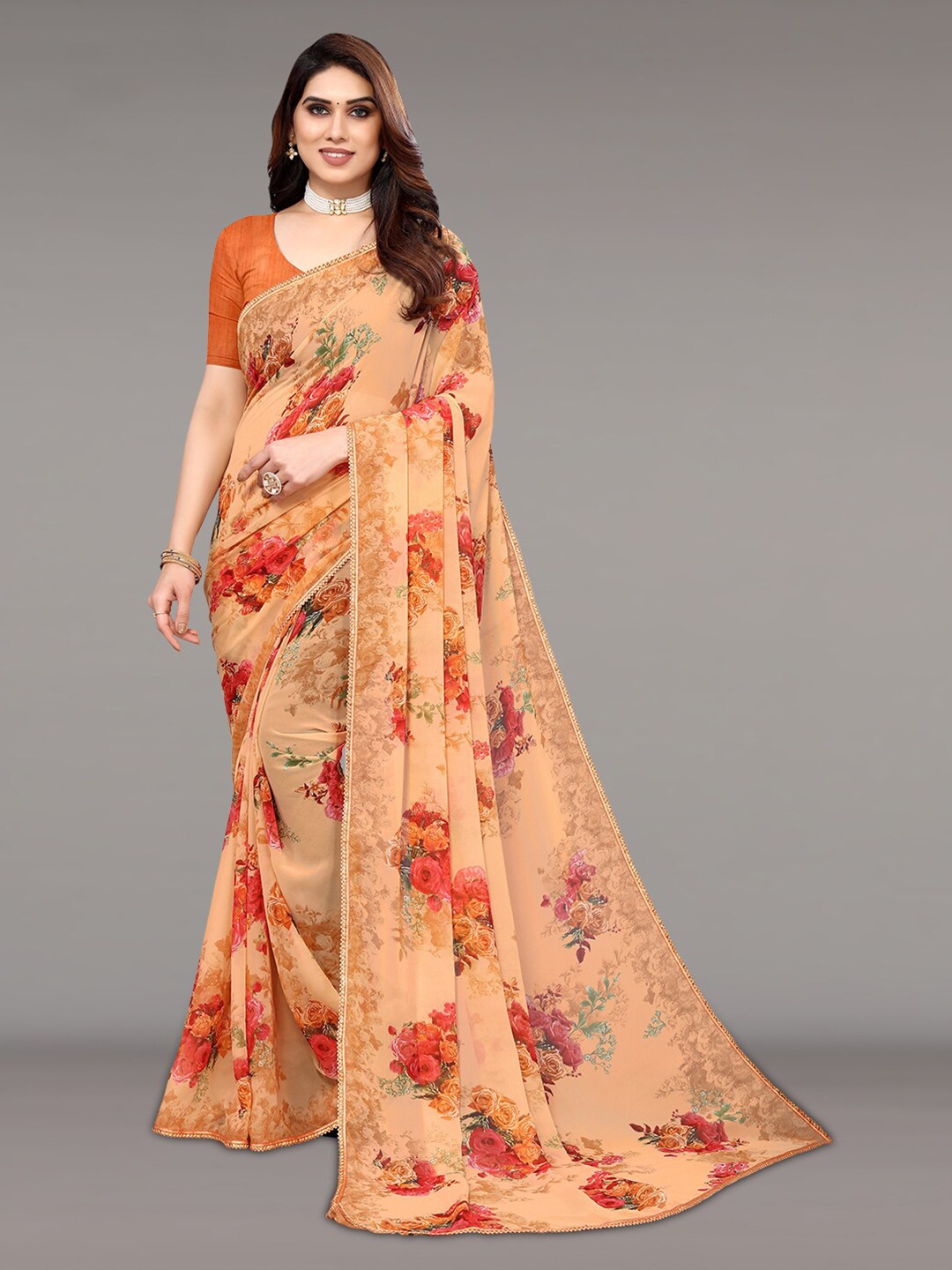 

KALINI Floral Printed Embellished Saree, Orange