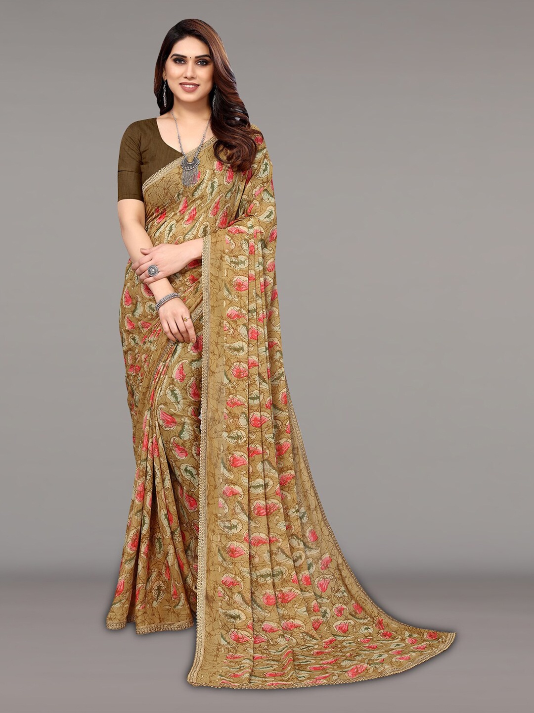 

KALINI Paisley Printed Embellished Saree, Beige