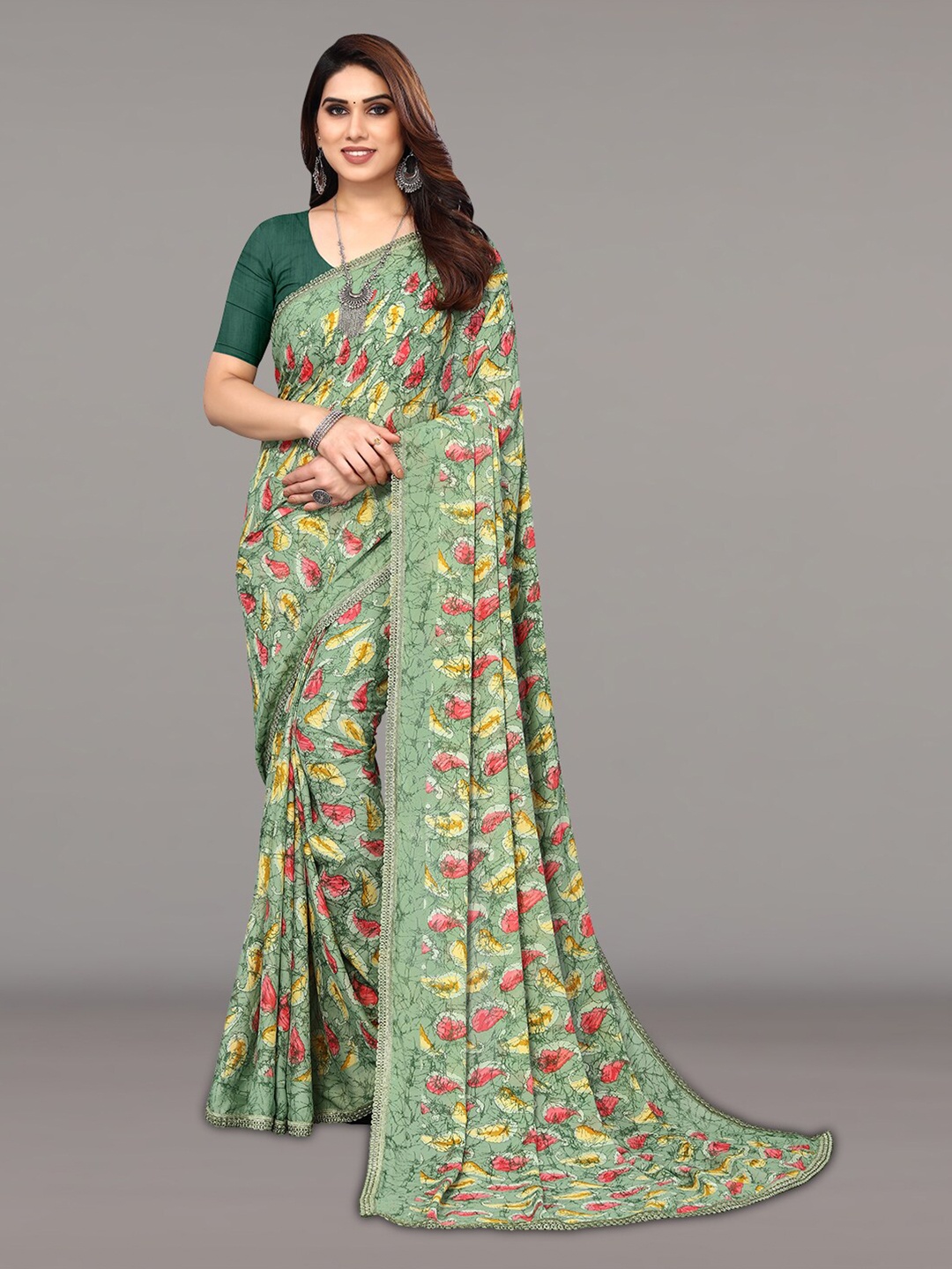 

KALINI Ethnic Motifs Printed Poly Georgette Saree, Olive