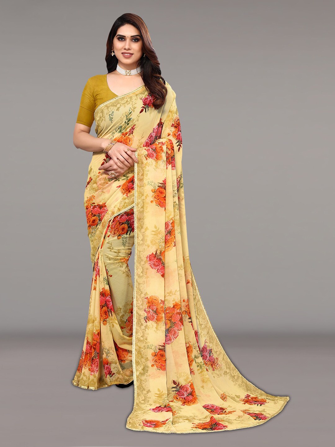 

KALINI Floral Printed Poly Georgette Saree, Yellow