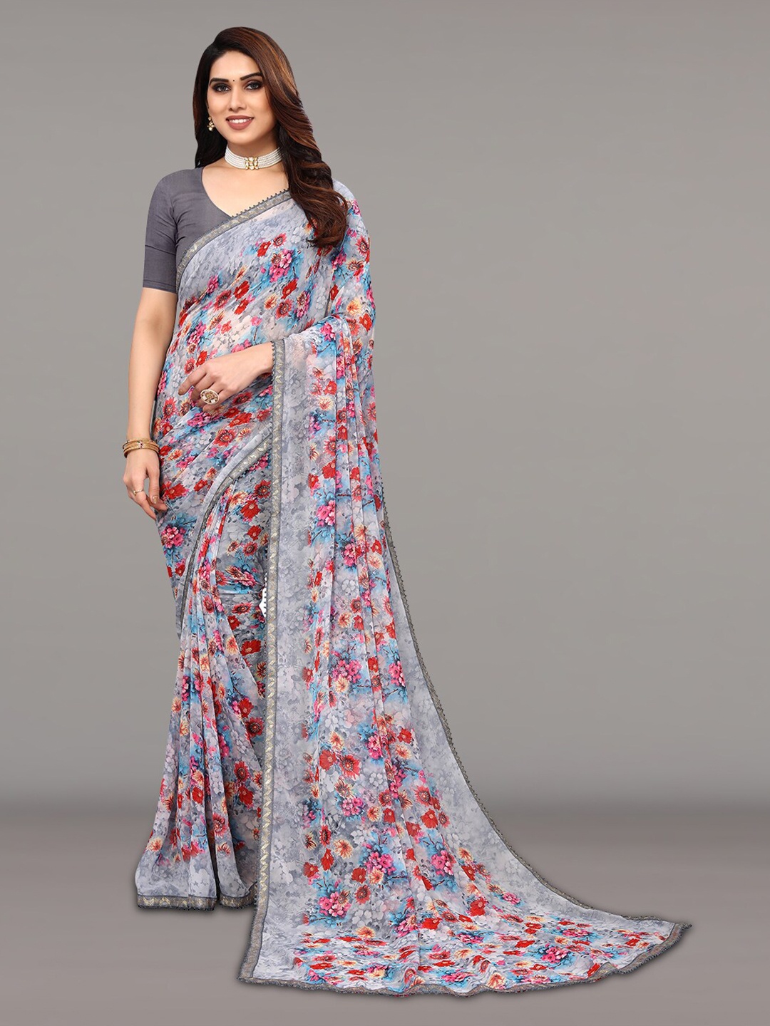 

KALINI Floral Printed Embellished Saree, Grey