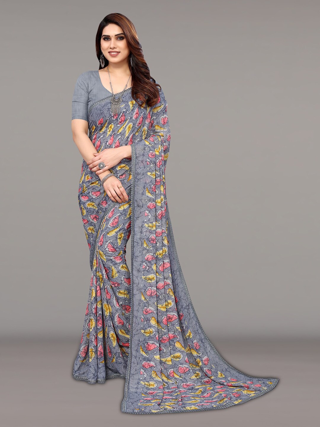 

KALINI Paisley Printed Embellished Saree, Grey