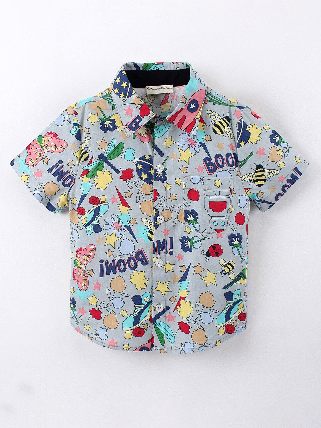 

CrayonFlakes Boys Conversational Printed Cotton Casual Shirt, Grey