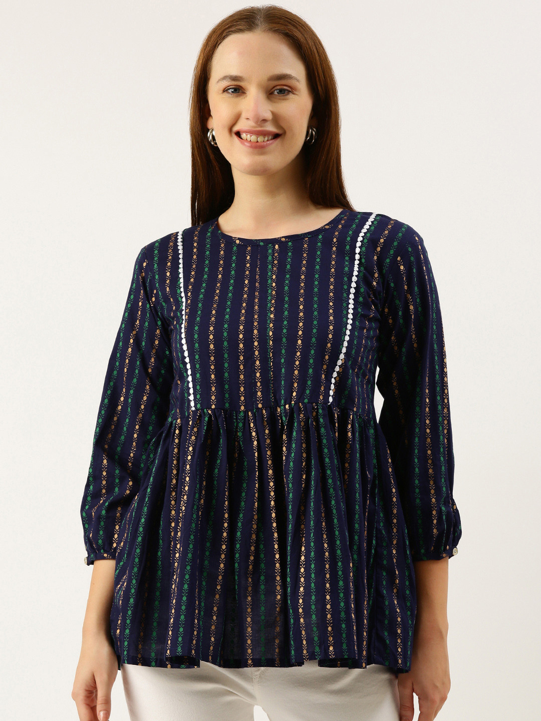 

RACHNA Floral Printed Pleated Kurti, Navy blue