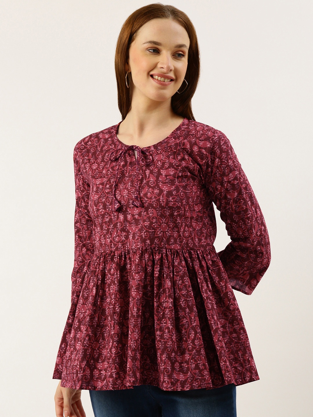 

RACHNA Ethnic Motifs Printed Pleated Kurti, Maroon