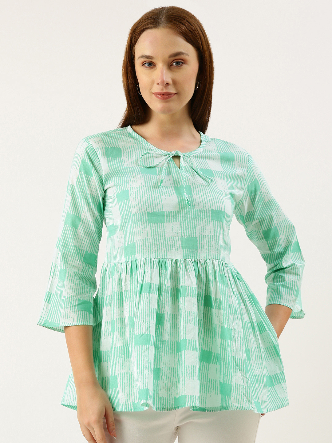 

RACHNA Geometric Printed Pleated Kurti, Sea green