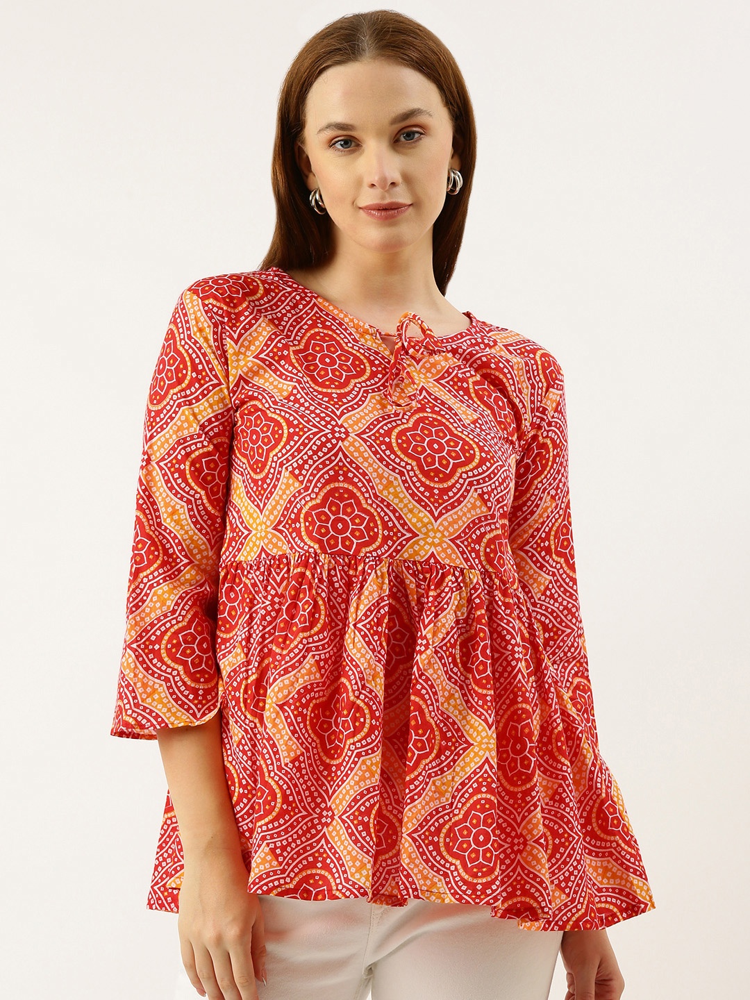 

RACHNA Ethnic Motifs Printed Pleated Kurti, Red