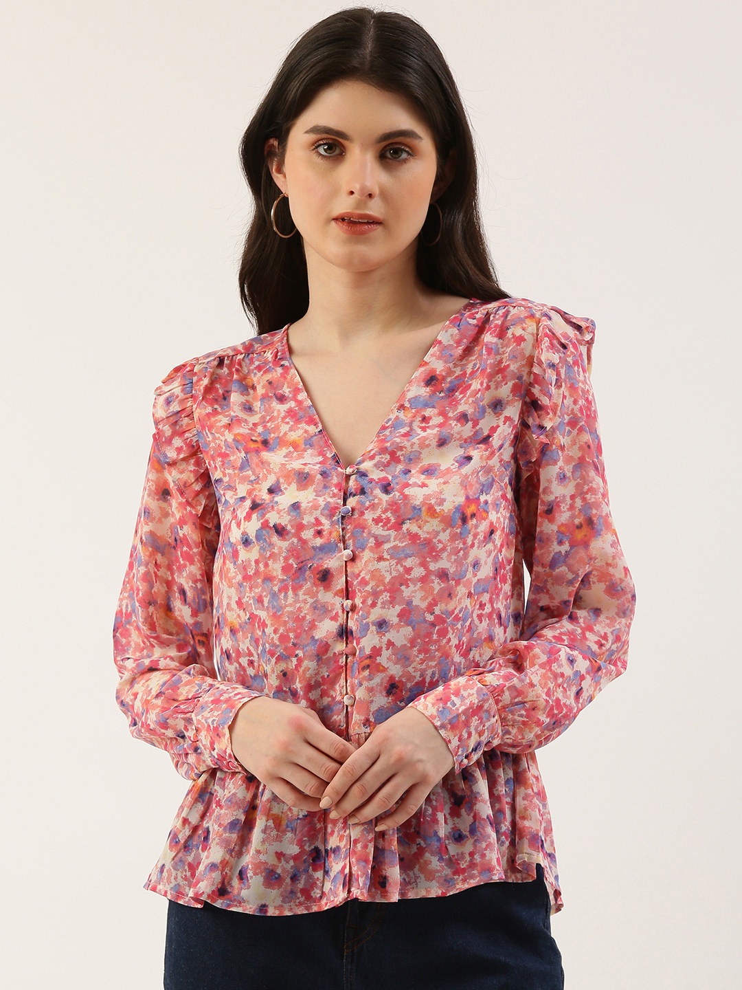 

ANI Floral Print Extended Sleeves Georgette Peplum Top, Multi