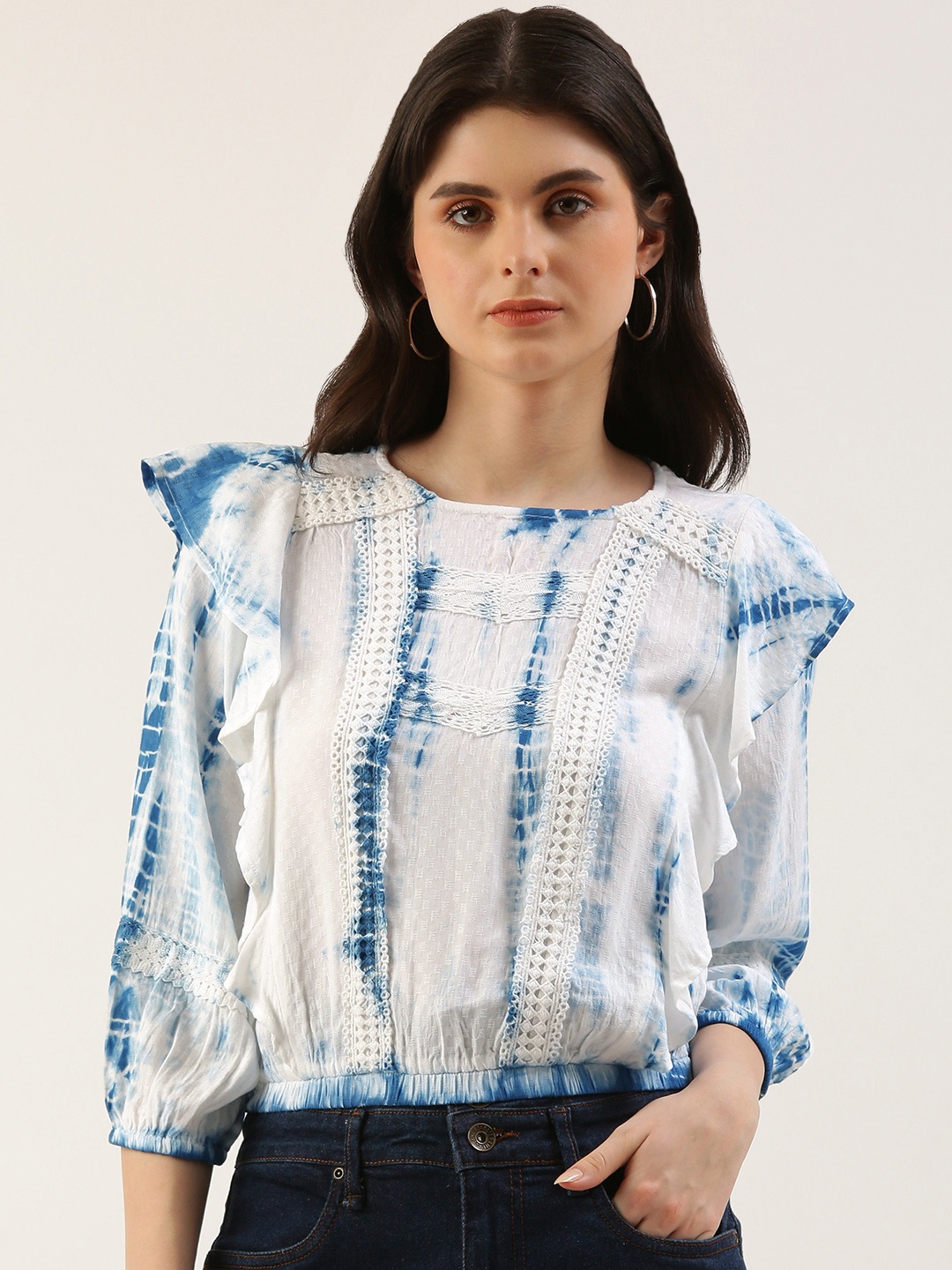 

EVERYDAY by ANI Tie and Dye Extended Sleeves Boxy Crop Top With Lace Inserts, White