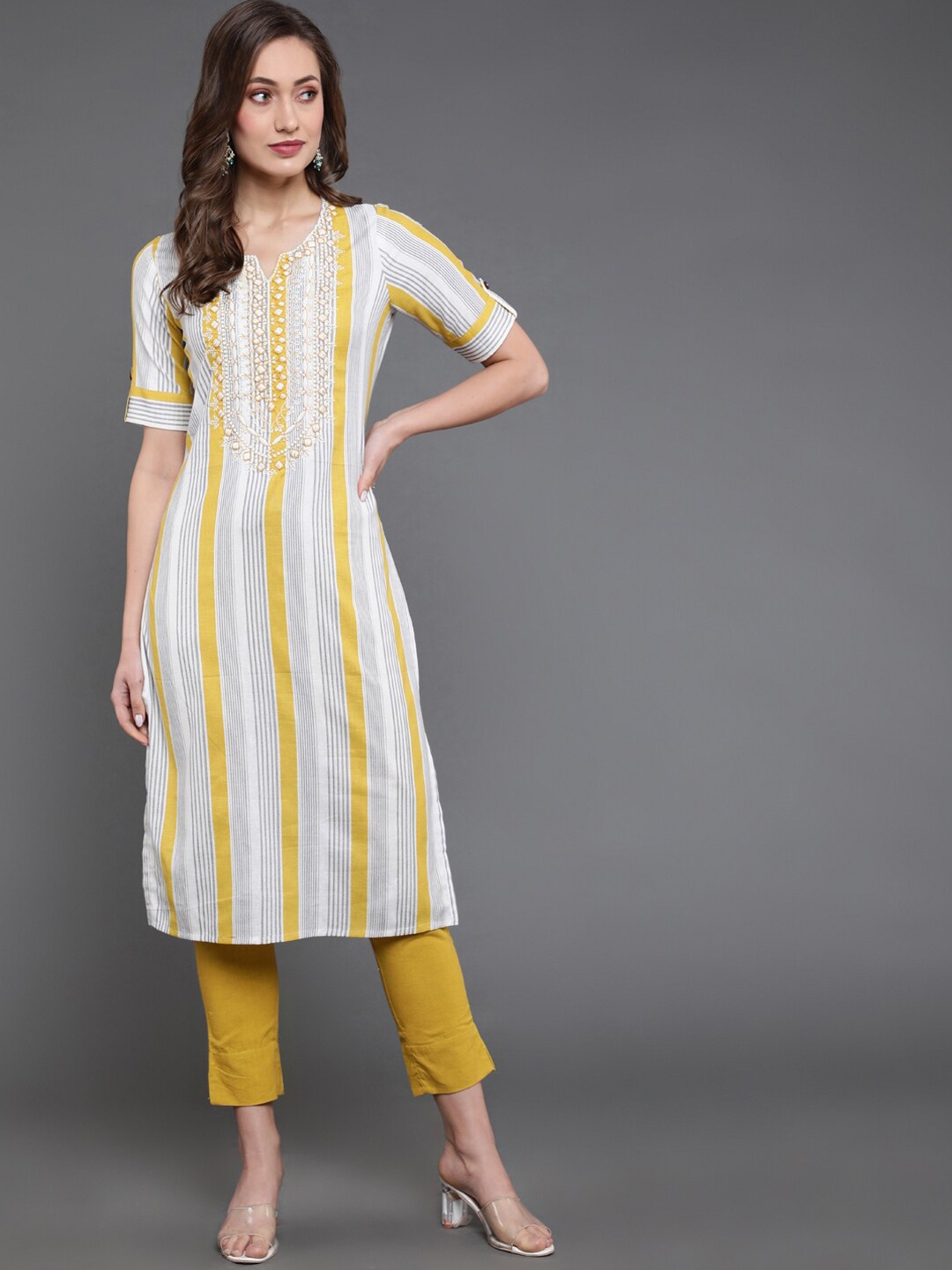 

antaran Striped Notched Neck Thread Work Kurta, Grey