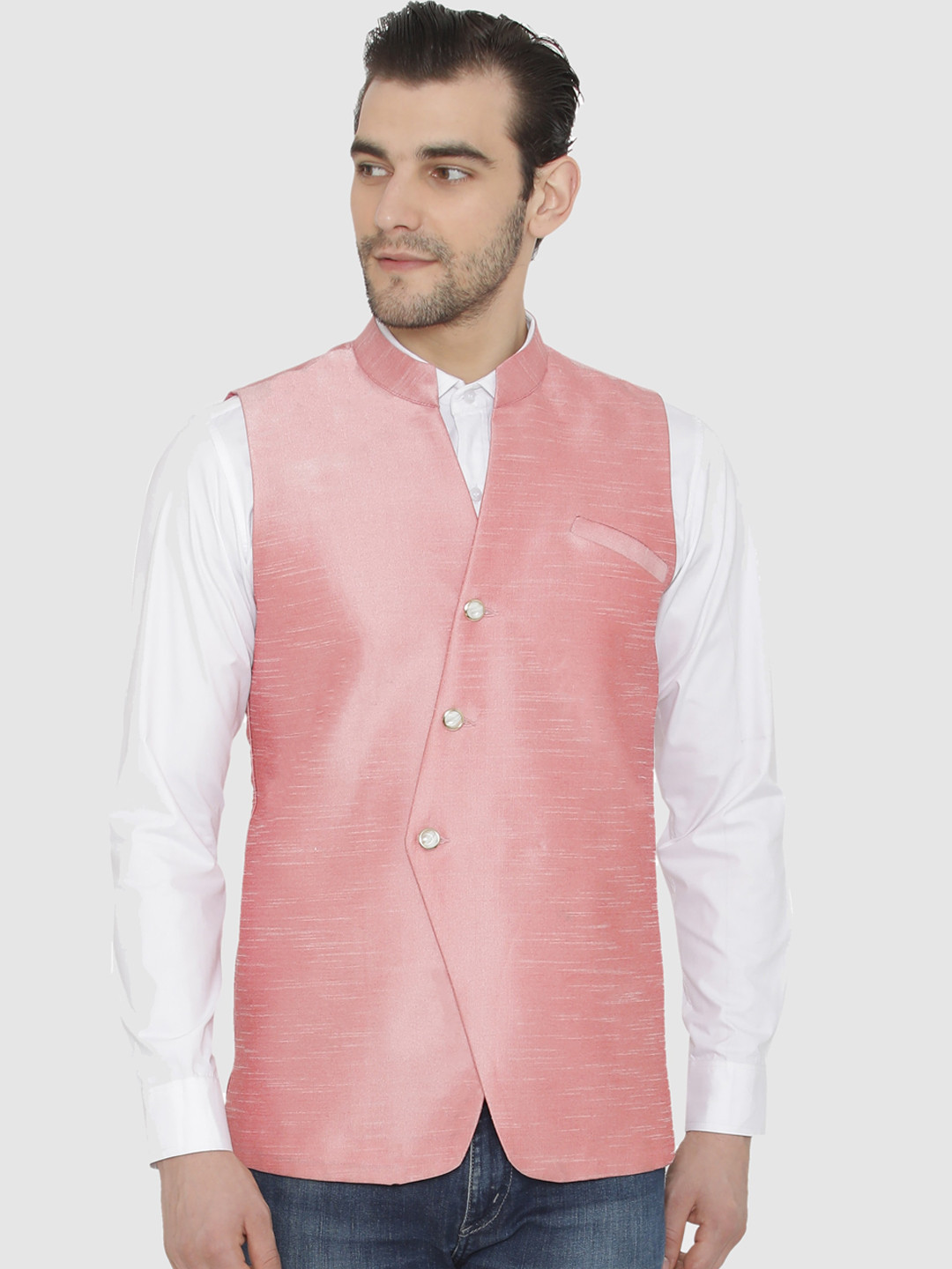 

Raas Men Woven Slim-Fit Waistcoat, Pink