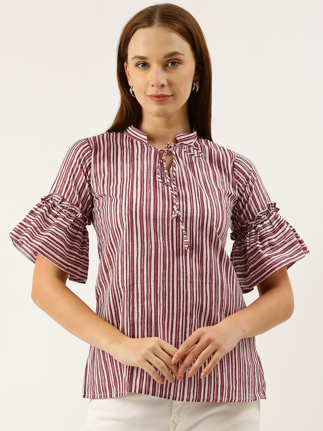 

RACHNA Striped Flared Sleeves Cotton Kurta, Pink