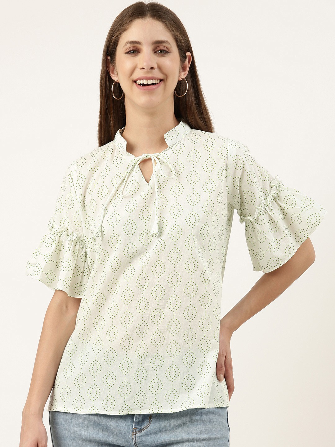 RACHNA Ethnic Motifs Printed Flared Sleeves Cotton Kurta, White