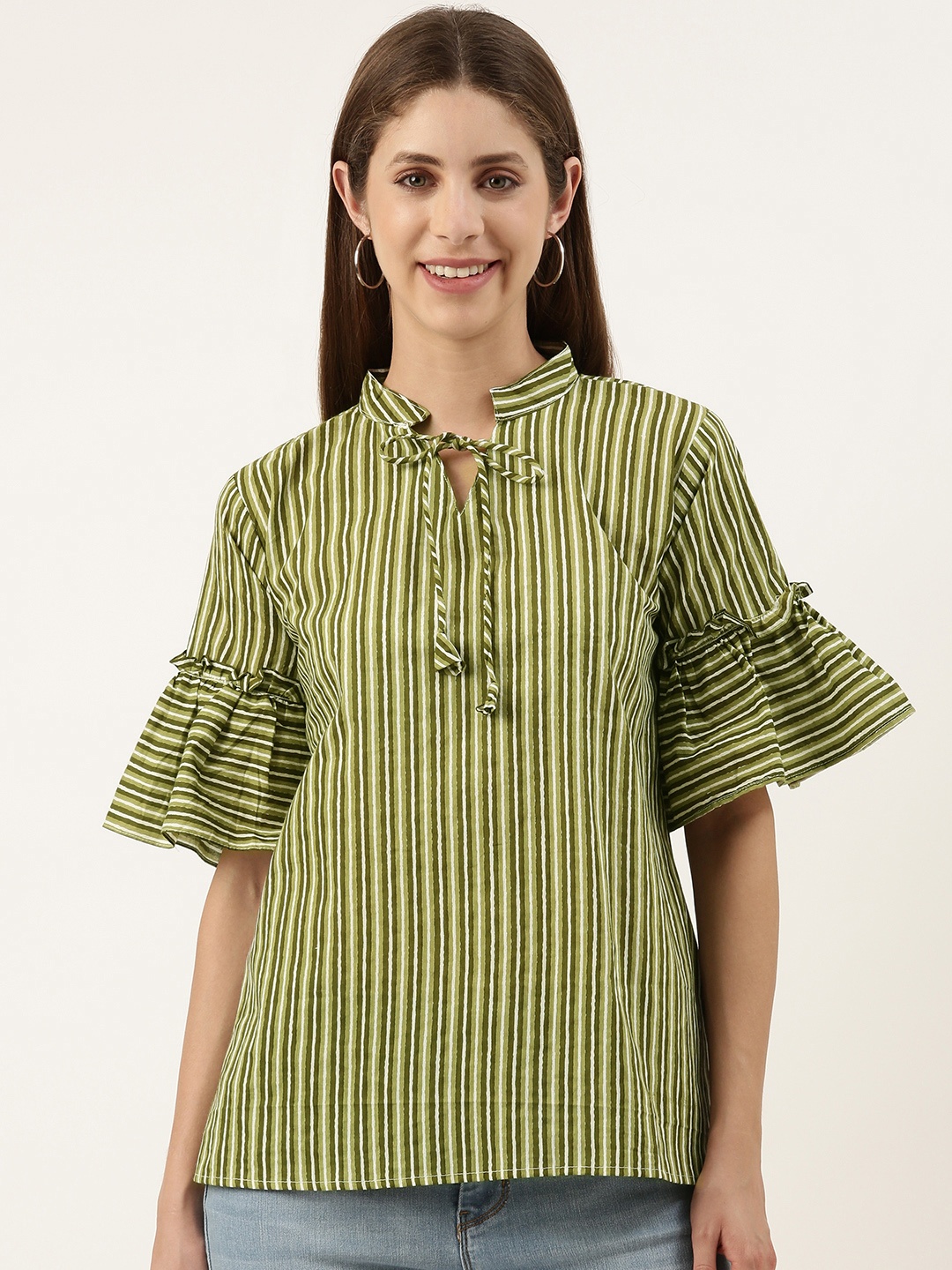 

RACHNA Striped Flared Sleeves Cotton Kurta, Olive