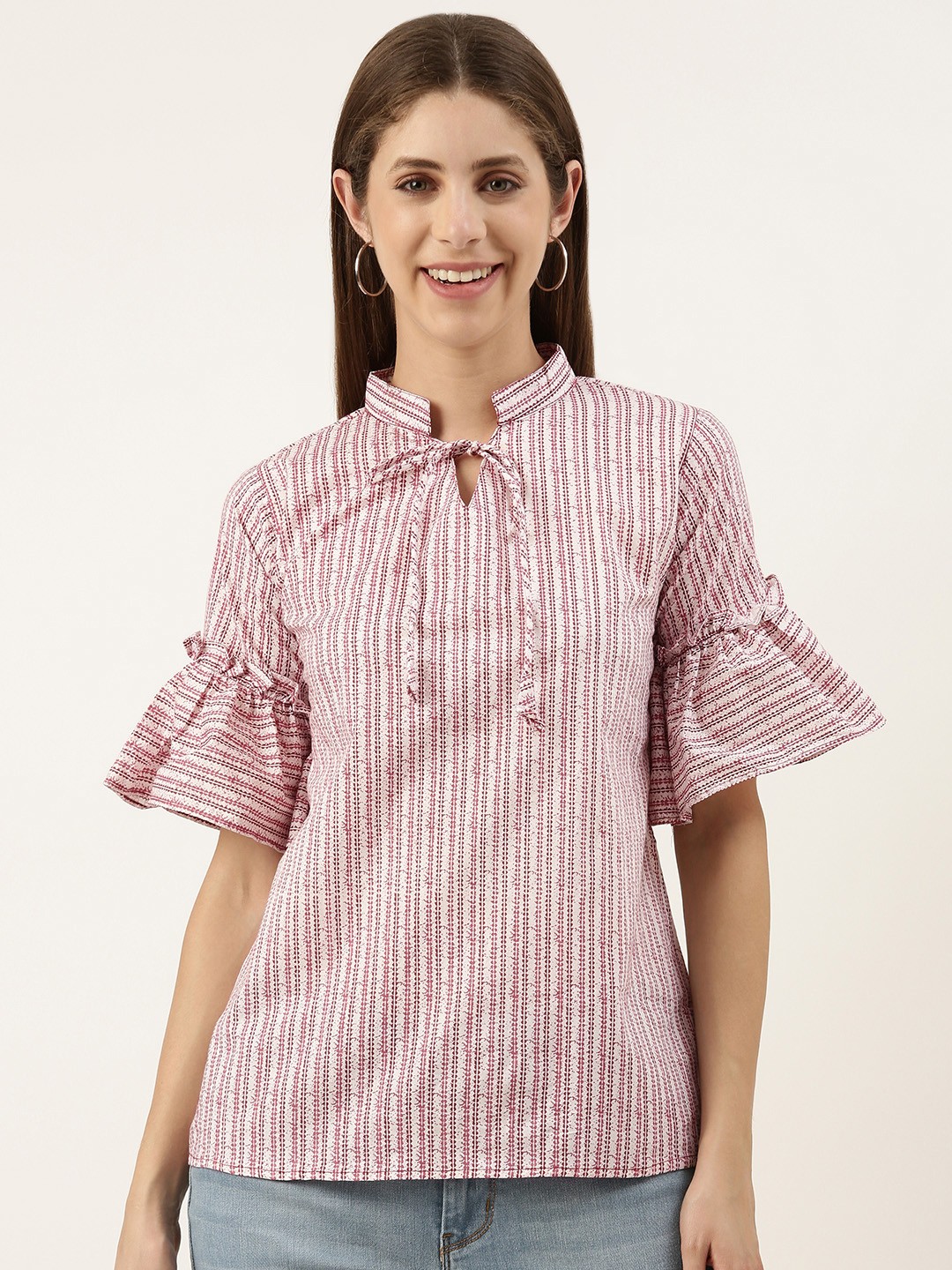 

RACHNA Striped Flared Sleeves Cotton Kurta, Pink