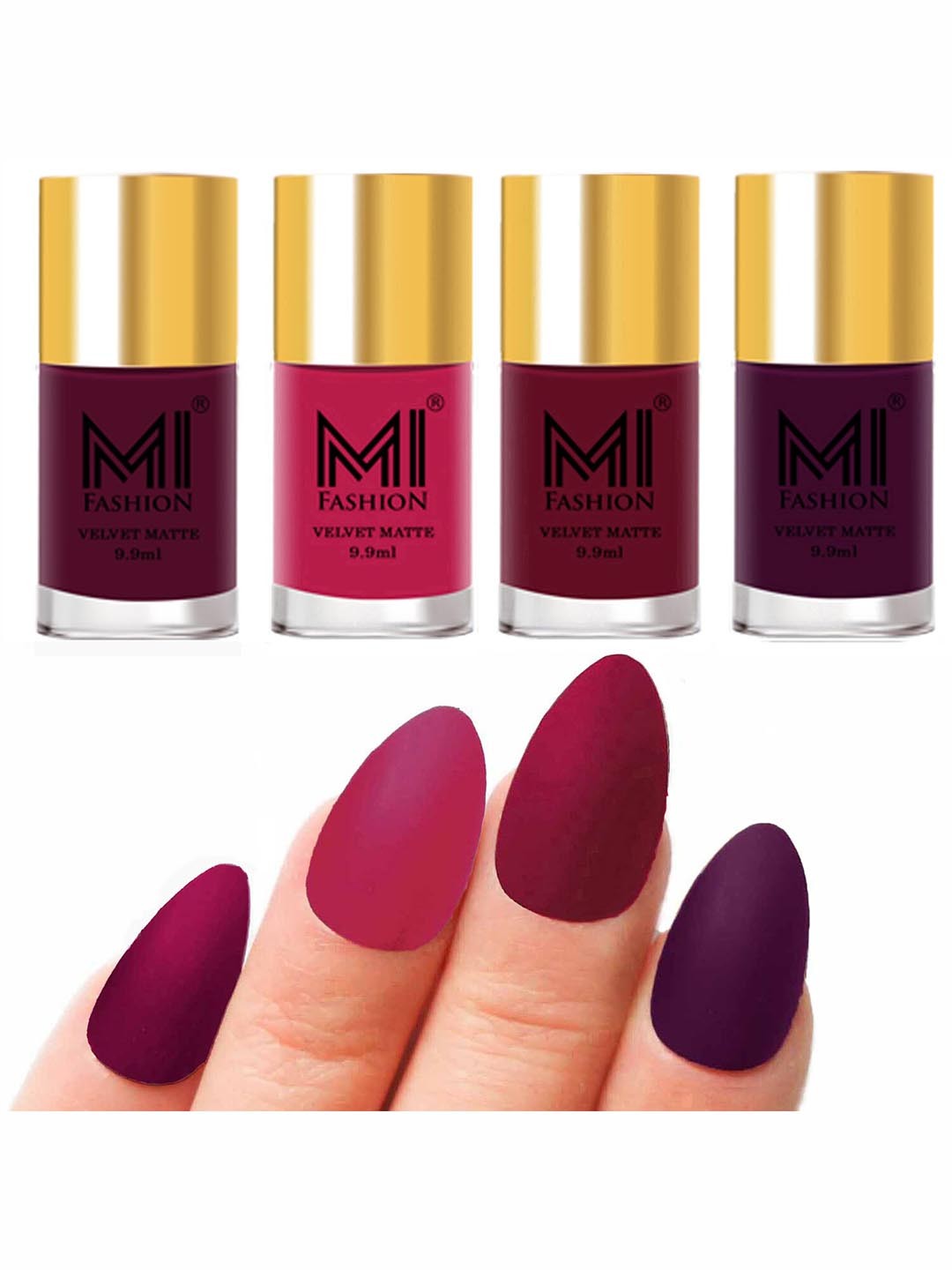 

MI FASHION Set of 4 Velvet Matte Nail Polish 9.9 ml Each - Magenta 14 - Pink 24 - Mauve 25 - Purple 29, Multi