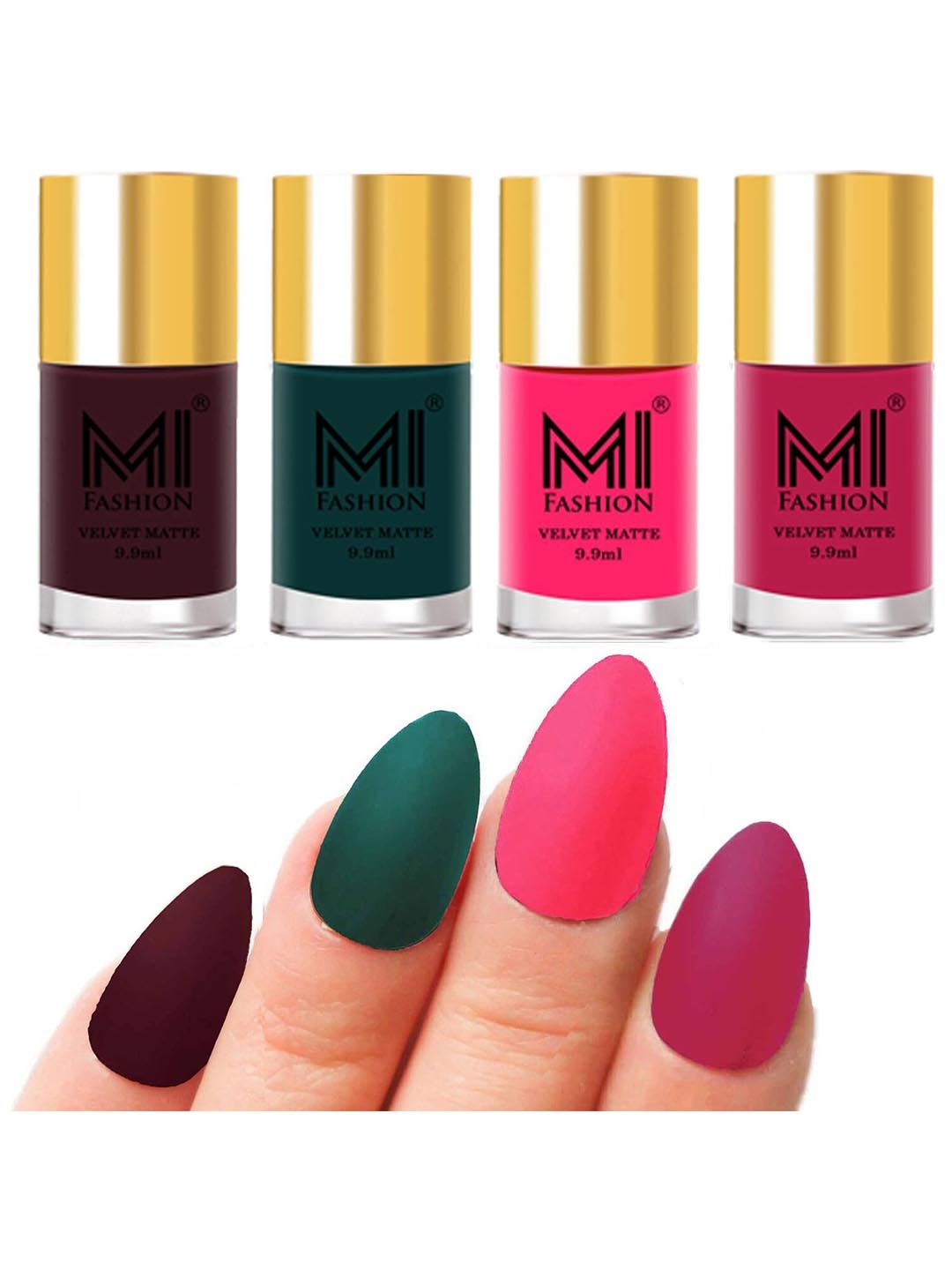 

MI FASHION Set of 4 Velvet Matte Nail Polish 9.9 ml Each - Wine 03 - Dark Green 12 - Neon Pink 13 - Pink 24, Multi