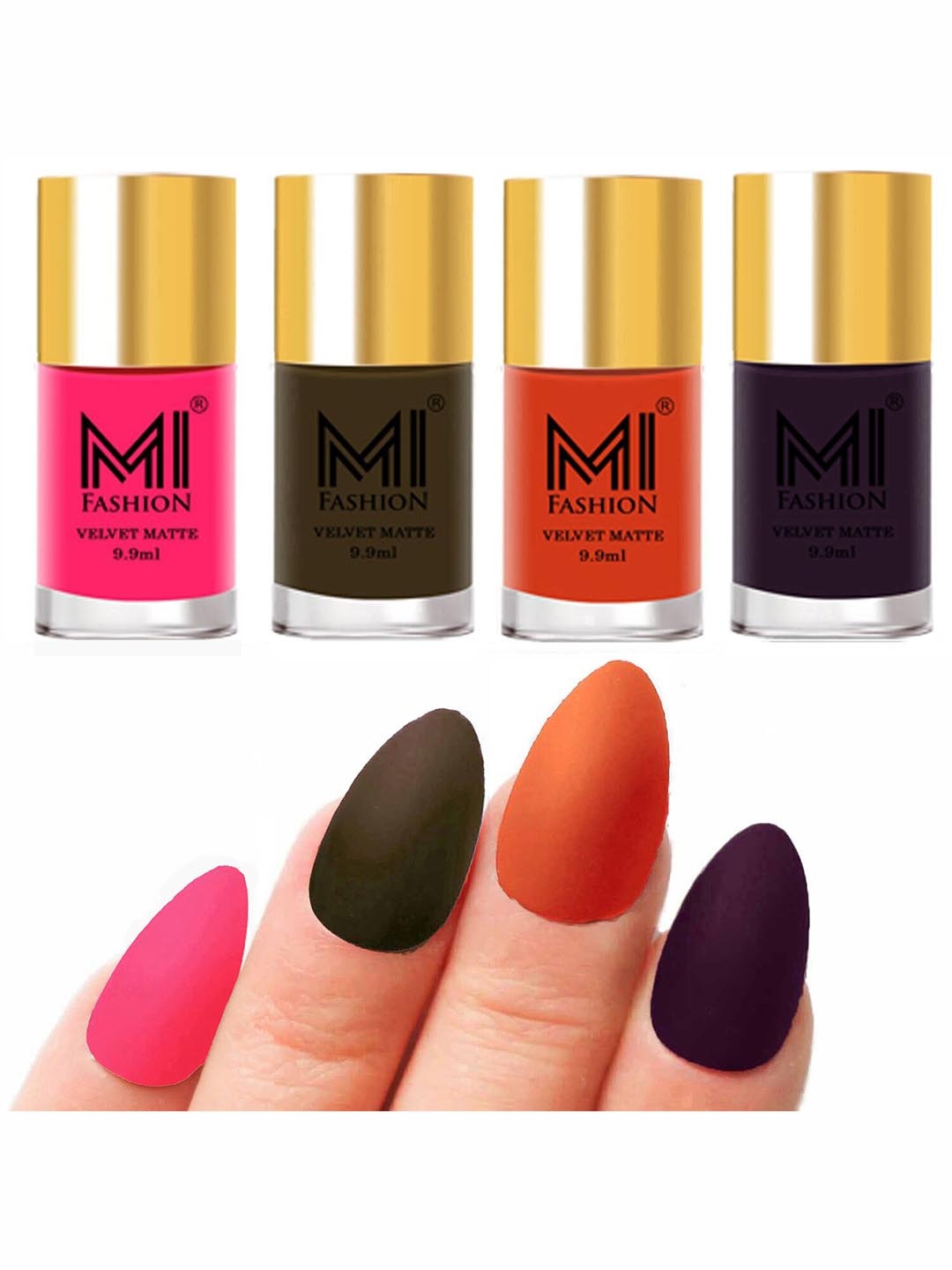

MI FASHION Set of 4 Velvet Matte Nail Polish 9.9 ml Each - Neon Pink 13 - Olive Brown 15 - Orange 16 - Dark Purple 30, Multi