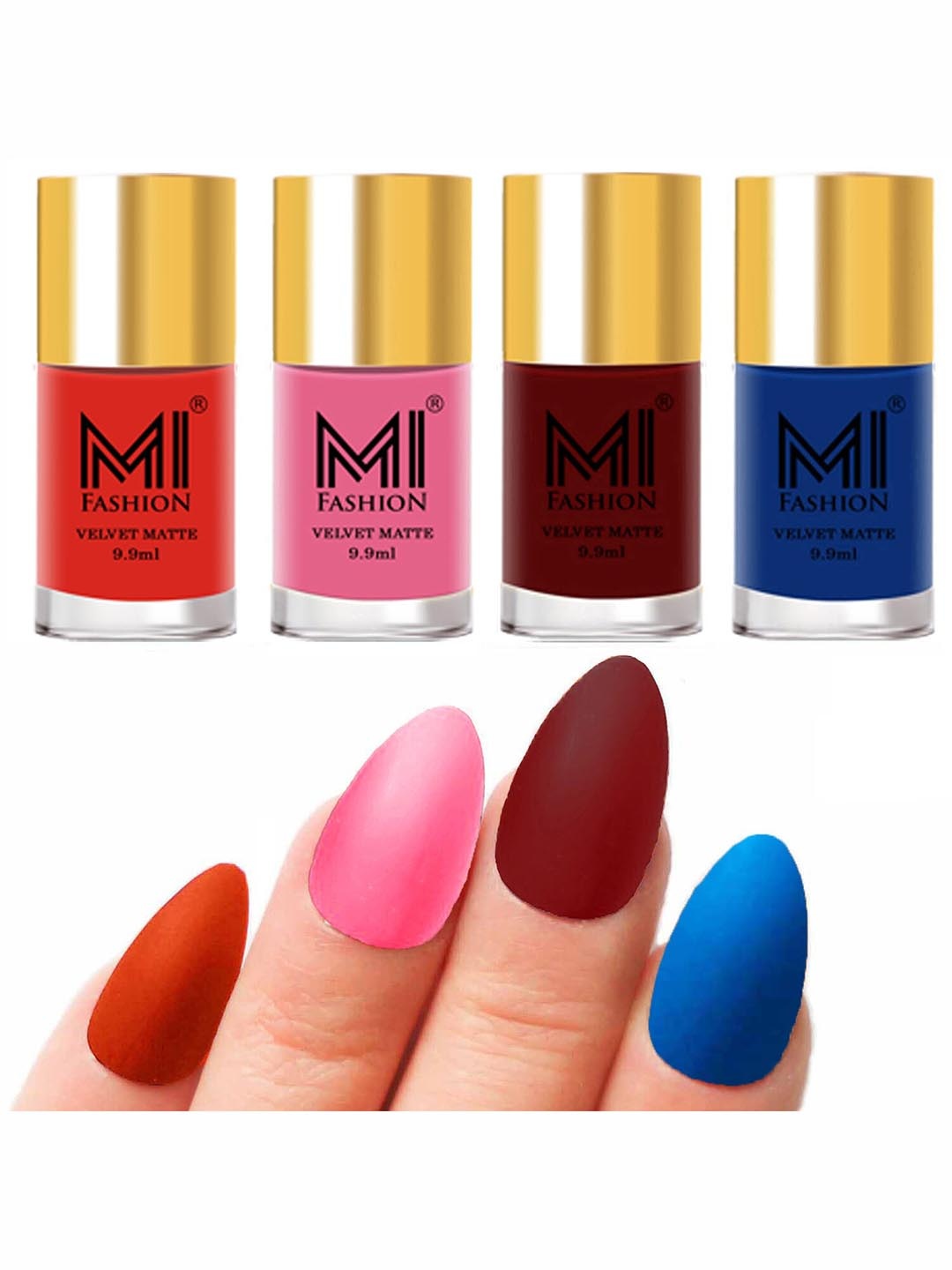 

MI FASHION Set of 4 Velvet Matte Nail Polish 9.9 ml Each - Orange 04 - Baby Pink 07 - Red 08 - Navy Blue 18, Multi