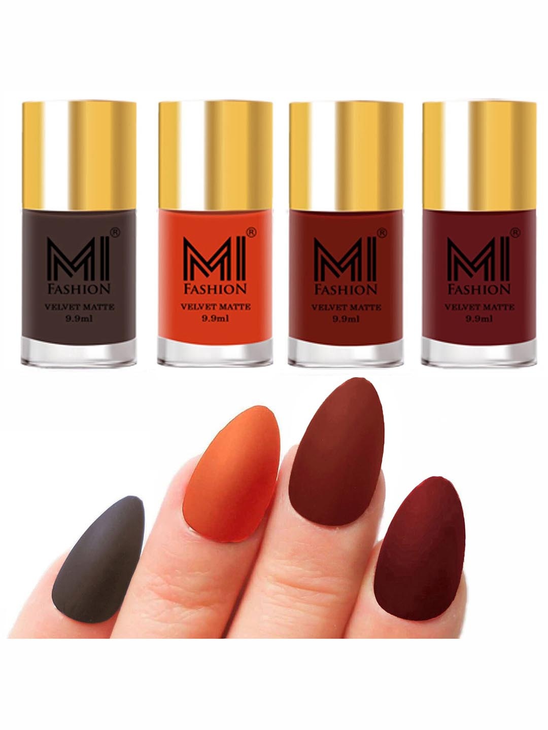 

MI FASHION Set of 4 Velvet Matte Nail Polish 9.9 ml Each - Coffee 02 - Orange 16 - Cherry Red 17 - Maroon 23, Multi