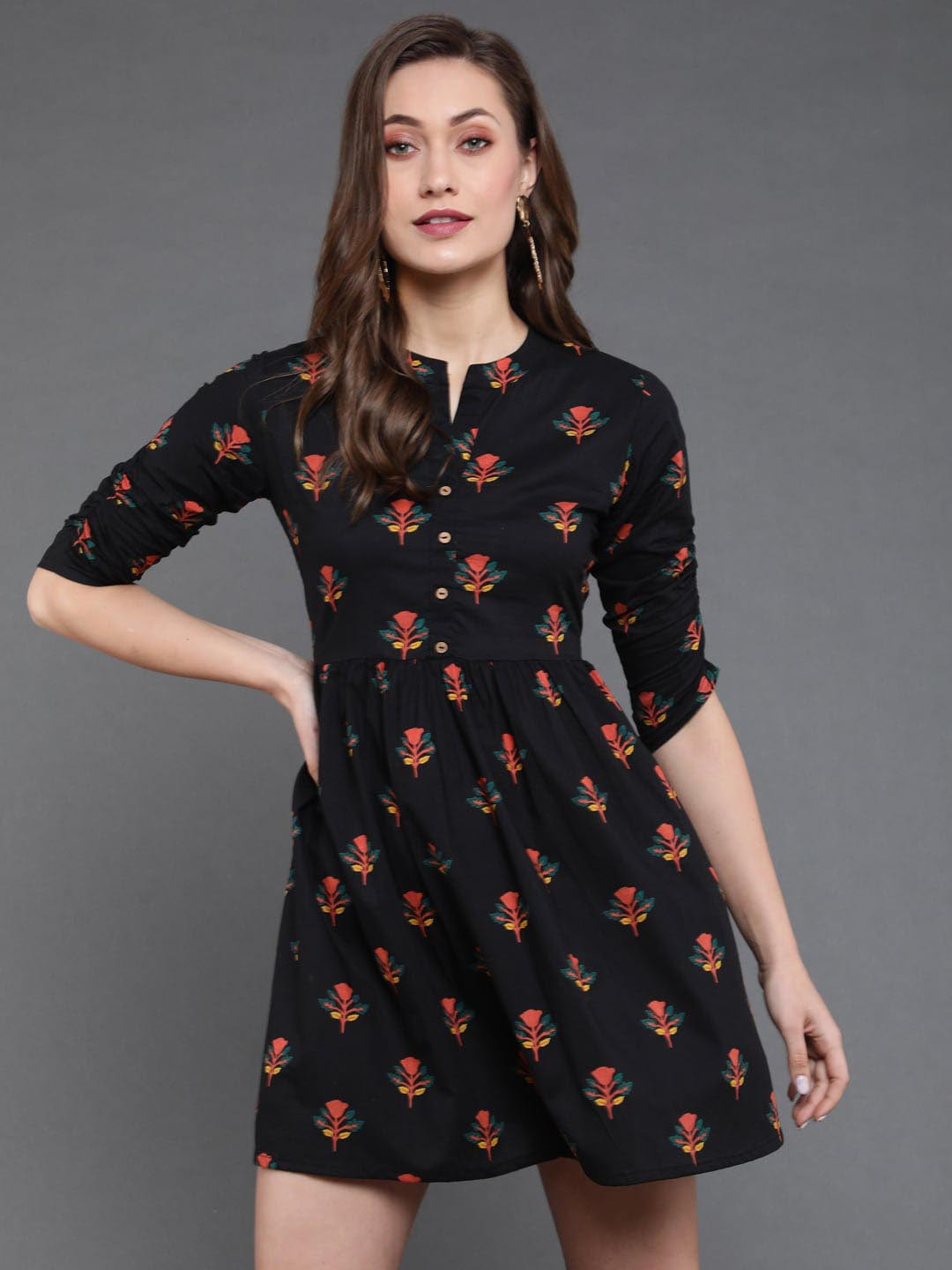

antaran Floral Tie-Up Neck A-Line Mini Dress, Black