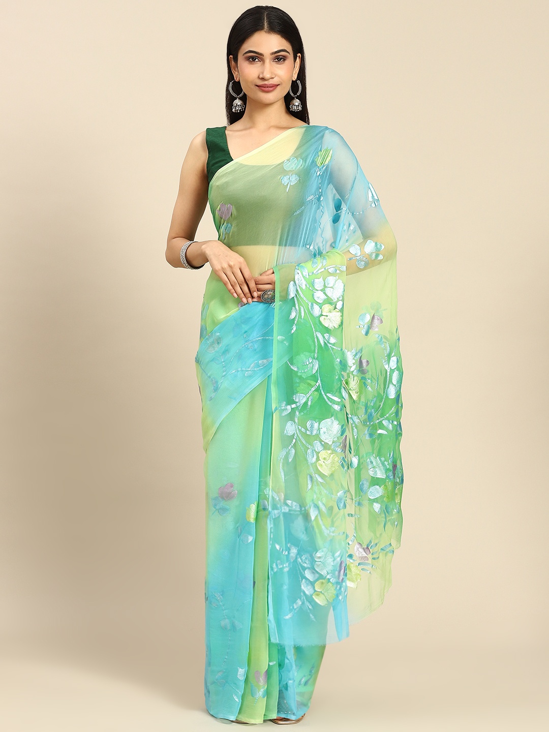 

La Vastraa Floral Pearl Hand Painted Pure Chiffon Saree, Green